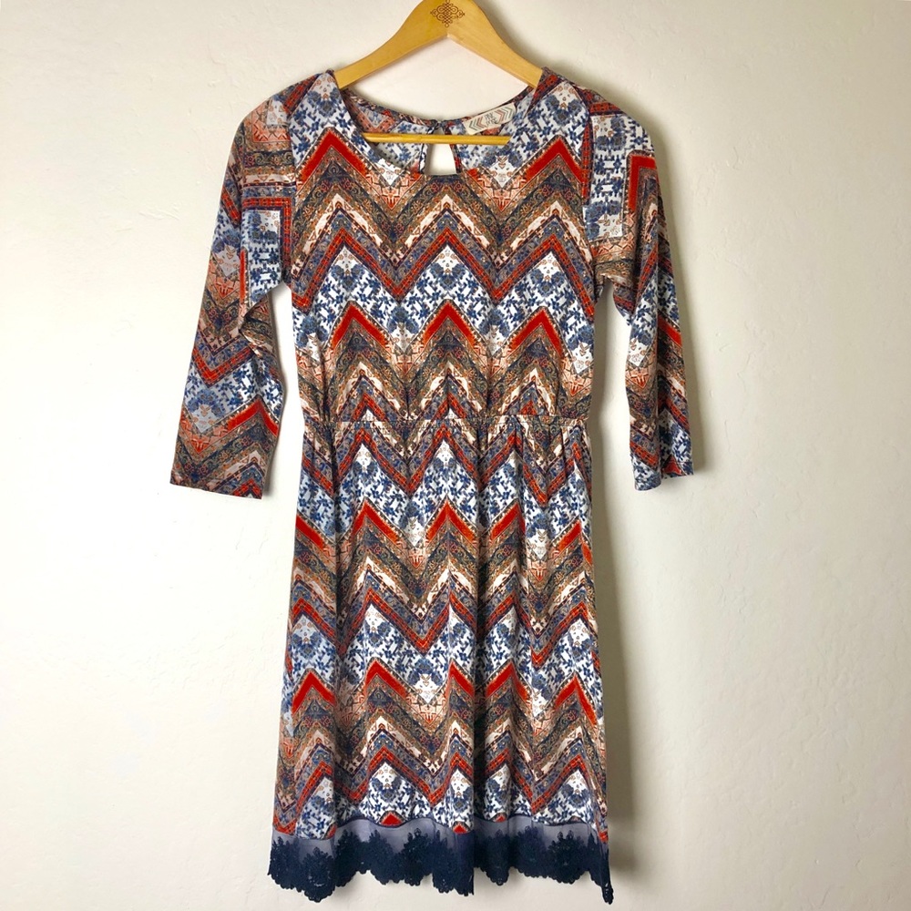 Boho Floral Chevron 3/4 Sleeve Dress
